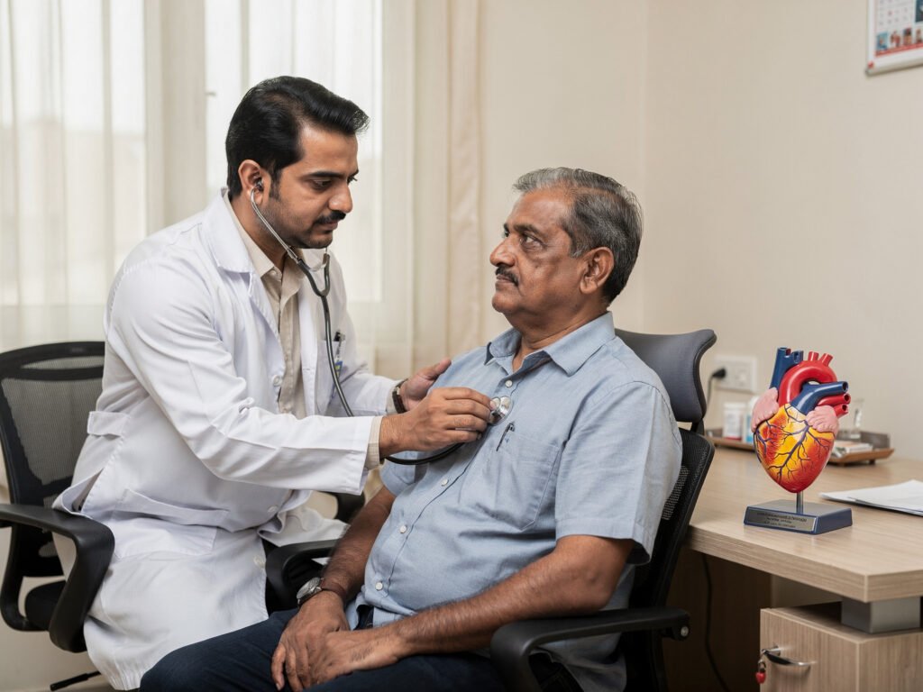 Cardiology consultation with a doctor using a stethoscope
