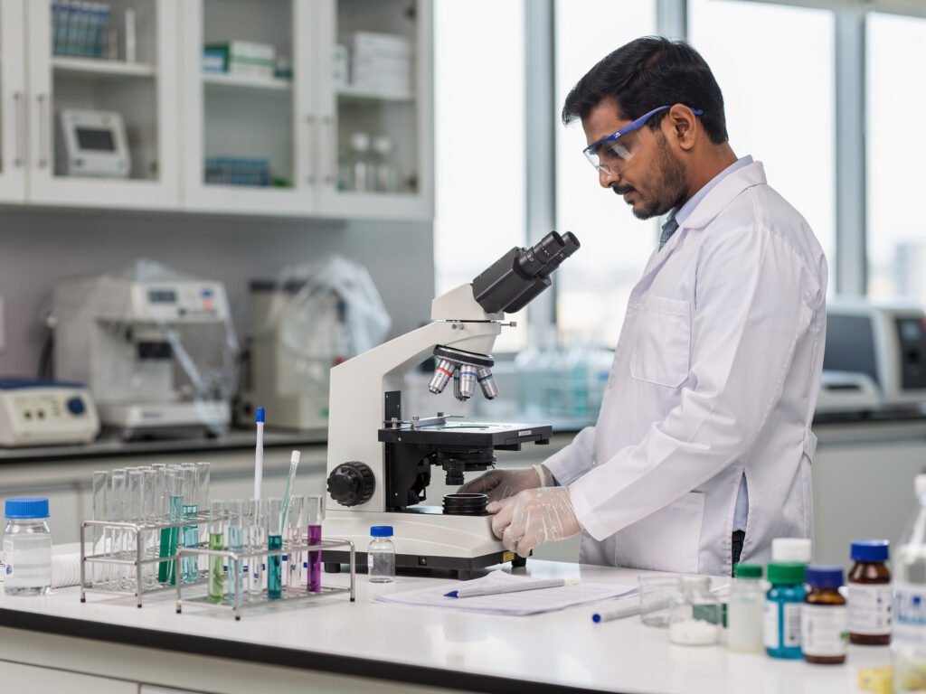 Laboratory technician at a microscope in a modern hospital lab
