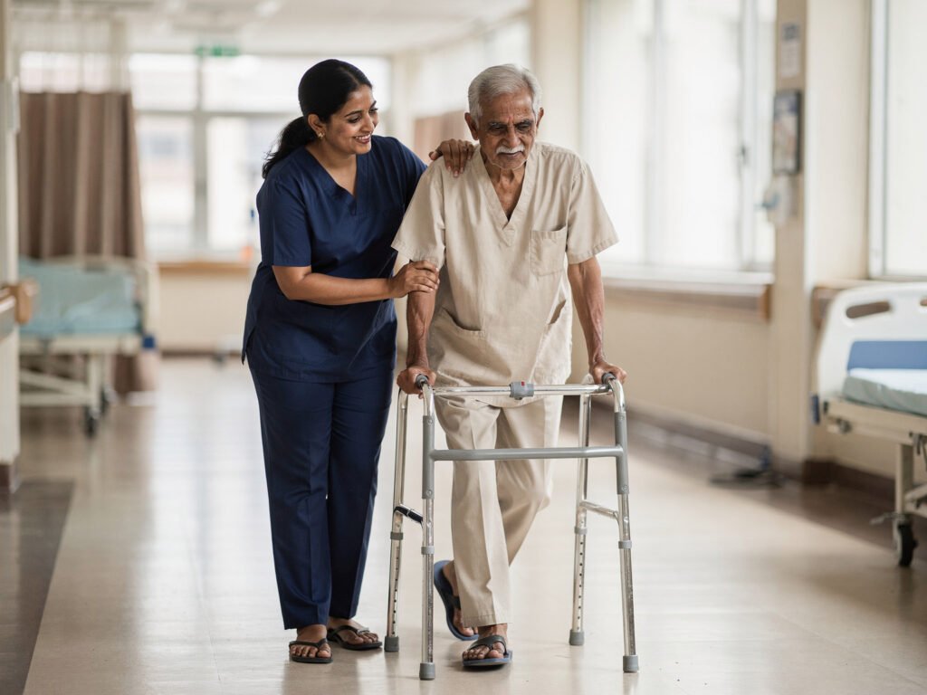A nurse supporting an elderly patient with a walking frame