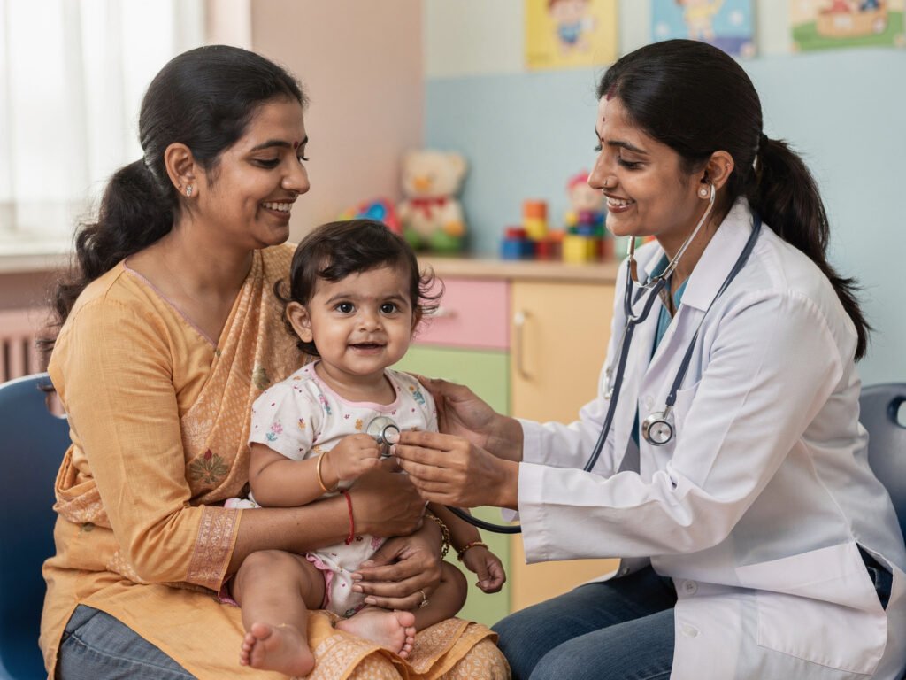 A pediatrician examining a child with her mother present