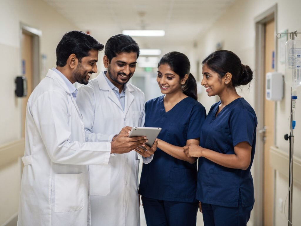 Healthcare staff collaborating in a hospital hallway